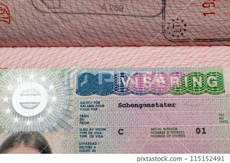 Swedish visa stamp in a travel passport, Sweden Schengen visa, immigrant, work and travel documents, emigration, immigration, tourism concept 115152491