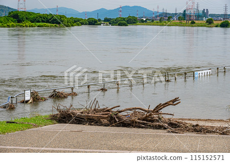 大阪府枚方市因大雨而水位暴漲的淀川 115152571