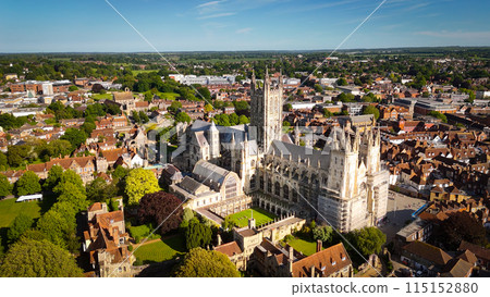 Flight over the historic city centre of Canterbury United Kingdom with famous Canterbury Cathedral 115152880