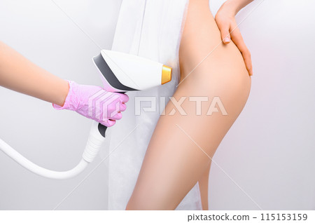 Beautiful Woman's body with smooth soft skin. Epilation and spa concept. Depilation of a bikini zone.  115153159