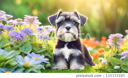 花田裡的迷你嘉雪納瑞的插圖(AI 生成的圖像) 花田裡的迷你嘉雪納瑞的插圖(AI 生成的圖像) 115153385
