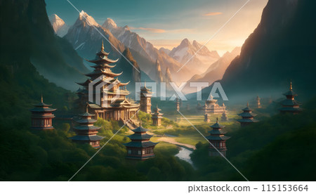 Mystical Valley of Pagodas Amidst Majestic Mountains in Ethereal Morning Light 115153664