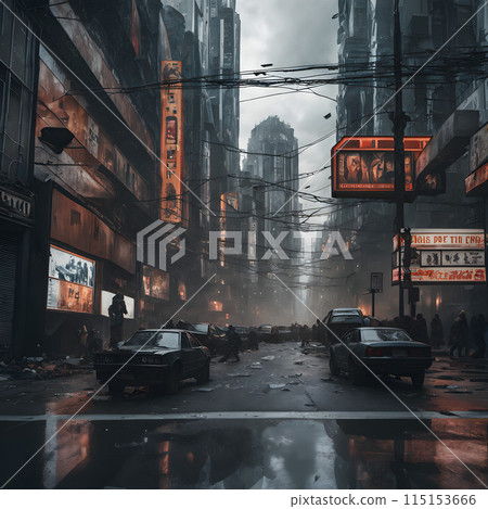 Dystopian Cityscape with Abandoned Cars and Misty Glow 115153666