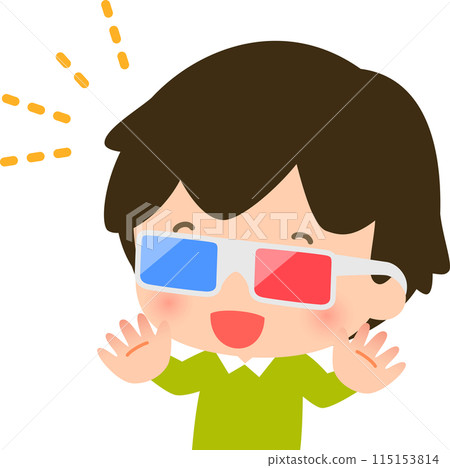 Boy having fun wearing red and blue stereoscopic glasses 115153814