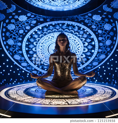 Serene Meditation: Woman in Lotus Position with Illuminated Geometric Backdrop 115153938