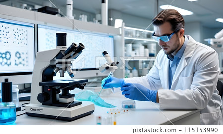 Scientist Pipetting Blue Solution in High-Tech Lab for Microscopic Analysis Scientist Pipetting Blue Solution in High-Tech Lab for Microscopic Analysis 115153990