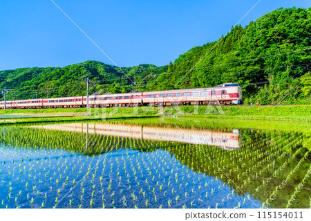 Hakubi Line Limited Express Yakumo: National Railways-colored 381 series train running through rice fields with fresh greenery (Eo-Hoki Mizoguchi) Hakubi Line Limited Express Yakumo: National Railways-colored 381 series train running through rice fields with fresh greenery (Eo-Hoki Mizoguchi) 115154011