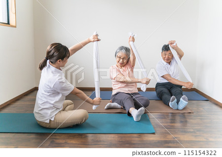 在療養院進行毛巾鍛煉/鍛煉/康復的高級/老年男性和女性以及物理治療師/護理人員/培訓師 115154322