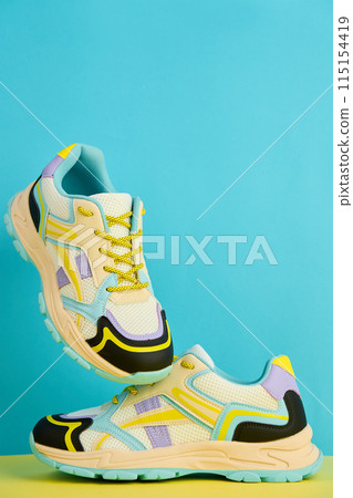 Fashionable Sneakers on colorful background. Creative banner with stylish shoes 115154419