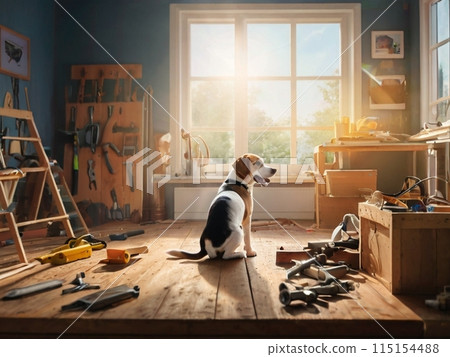 一隻比格犬站在工作室裡，夕陽透過窗戶照進來。 115154488