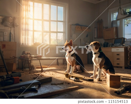 Two dogs standing in a workroom with the setting sun shining in through the window 115154513