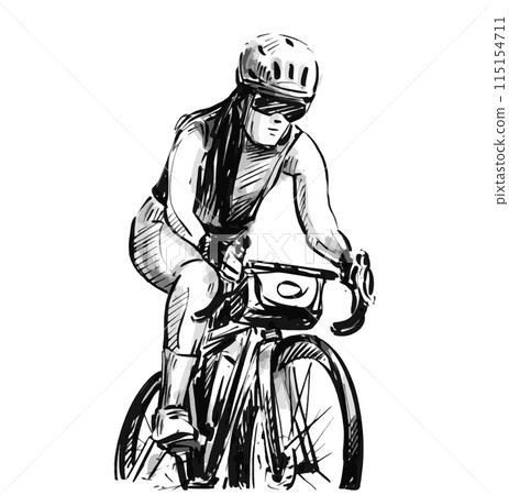 Drawing of woman cyclist in road bike 115154711