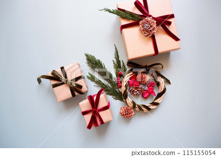 Image of present with red ribbon, holiday gift decoration Image of present with red ribbon, holiday gift decoration 115155054