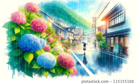 A girl walking through a town filled with blooming hydrangeas 115155108
