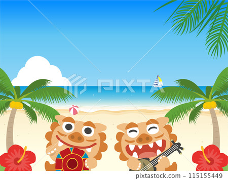 Okinawa - Illustration of beautiful ocean scenery and Shisa Okinawa - Illustration of beautiful ocean scenery and Shisa 115155449