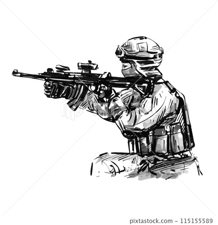 Drawing of the soldier shooting gun at battle field Drawing of the soldier shooting gun at battle field 115155589