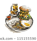 Drawing of a set big burger with beef and a glass of beer. 115155590