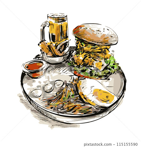 Drawing of a set big burger with beef and a glass of beer. Drawing of a set big burger with beef and a glass of beer. 115155590