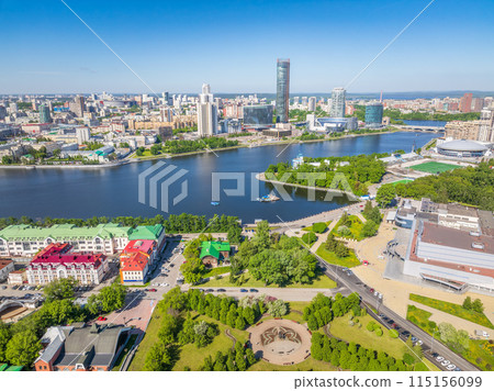 Yekaterinburg city with Buildings of Regional Government and Parliament, Dramatic Theatre, Iset Tower, Yeltsin Center, panoramic view at summer sunset. 115156099