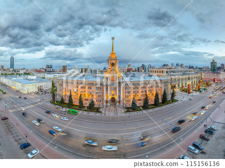 Yekaterinburg City Administration or City Hall and Central square at summer evening. Evening city in the summer sunset, Aerial View. Yekaterinburg City Administration or City Hall and Central square at summer evening. Evening city in the summer sunset, Aerial View. 115156136