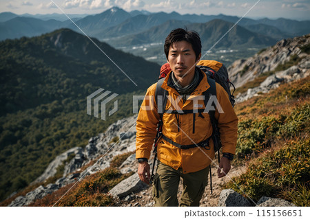 AI-generated image of a young man climbing alone 115156651