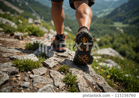 AI-generated image of a male climber's feet walking in the summer mountains 115156760