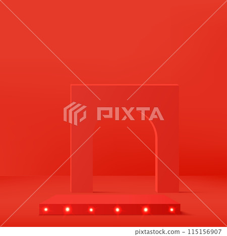 3d red color podium with lighting and minimal red wall scene Vector 115156907