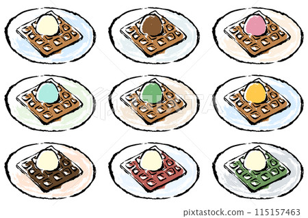 插圖集華夫餅與各種類型的冰淇淋與畫筆描邊 插圖集華夫餅與各種類型的冰淇淋與畫筆描邊 115157463