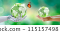Globe crystal glass ball in robot hand and human hands. Green background with bokeh. Artificial Intelligence, World mental health and World earth day. Saving environment and World Ecology Concept. 115157498