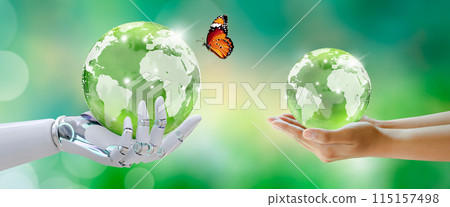 Globe crystal glass ball in robot hand and human hands. Green background with bokeh. Artificial Intelligence, World mental health and World earth day. Saving environment and World Ecology Concept. Globe crystal glass ball in robot hand and human hands. Green background with bokeh. Artificial Intelligence, World mental health and World earth day. Saving environment and World Ecology Concept. 115157498