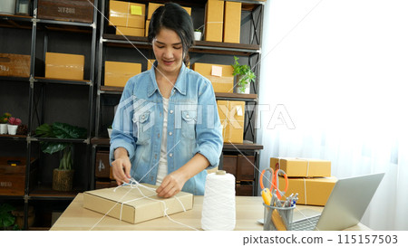 Online seller Close up hands Young asian woman typing laptop keyboard checking online order, check goods stock delivery package shipping postal. Asian woman startup small business at home office Online seller Close up hands Young asian woman typing laptop keyboard checking online order, check goods stock delivery package shipping postal. Asian woman startup small business at home office 115157503