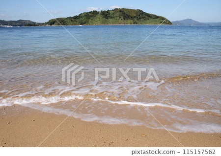 View of the small islands from the beach of Umashima in the Kurushima Strait 115157562