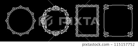 Set of decorative frames Elegant vector element for design in Eastern style, place for text. Floral black and white borders. Lace illustration for invitations and greeting cards. 115157752