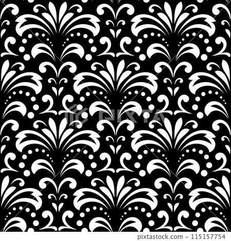 Wallpaper in the style of Baroque. Seamless vector background. White and black floral ornament. Graphic pattern for fabric, wallpaper, packaging. Ornate Damask flower ornament. 115157754