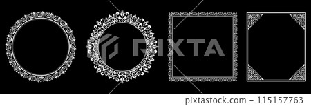 Set of decorative frames Elegant vector element for design in Eastern style, place for text. Floral black and white borders. Lace illustration for invitations and greeting cards. 115157763