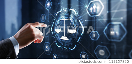 Justice and law concept. Icon Law on virtual screen. Blurred background Justice and law concept. Icon Law on virtual screen. Blurred background 115157830