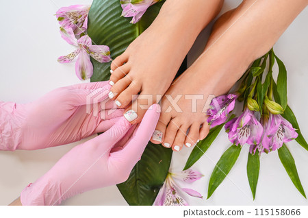 Beautiful perfect skin female legs feet top view with tropical flowers and green palm leaf. Hands of beautician in pink gloves. Nail polish, care and clean, spa pedicure treatment in white. Copy space Beautiful perfect skin female legs feet top view with tropical flowers and green palm leaf. Hands of beautician in pink gloves. Nail polish, care and clean, spa pedicure treatment in white. Copy space 115158066