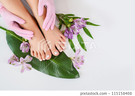 Beautiful perfect skin female legs feet top view with tropical flowers and green palm leaf. Hands of beautician in pink gloves. Nail polish, care and clean, spa pedicure treatment in white. Copy space Beautiful perfect skin female legs feet top view with tropical flowers and green palm leaf. Hands of beautician in pink gloves. Nail polish, care and clean, spa pedicure treatment in white. Copy space 115158408