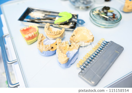 Different professional dental equipment, instruments and tools in a dentists stomatology office clinic on a white background. Silicone cast of the jaw. 115158554
