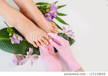 Beautiful perfect skin female legs feet top view with tropical flowers and green palm leaf. Hands of beautician in pink gloves. Nail polish, care and clean, spa pedicure treatment in white. Copy space 115158648