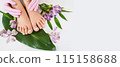 Beautiful perfect female skin legs feet top view with tropical flowers and green palm leaf. Nail polish, care and clean, spa pedicure treatment in white. Concept on background isolated. Copy space 115158688