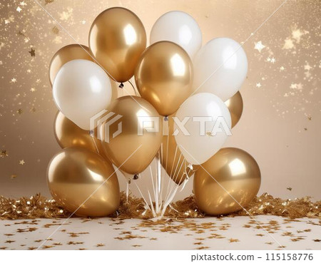 Golden balloons and gold confetti 115158776