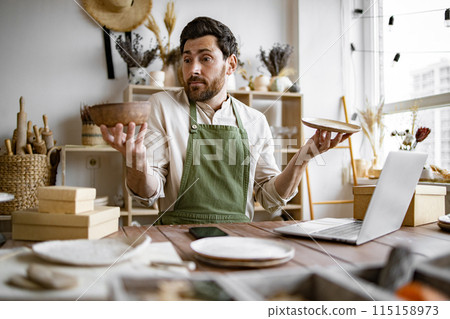 Portrait of mature man does not know which item send to buyer 115158973