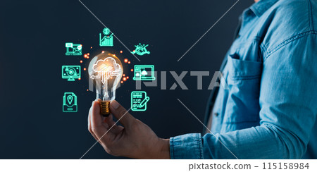 person hand holding a power lightbulb and pretending to think, inspiration, creativity, and imagination concept, innovation technology success business. Digital transformation. Ai technology. 115158984