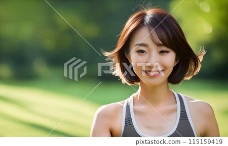 在清新的綠色公園慢跑的年輕女子 115159419