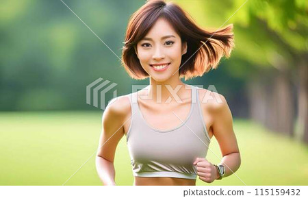 在清新的綠色公園慢跑的年輕女子 在清新的綠色公園慢跑的年輕女子 115159432