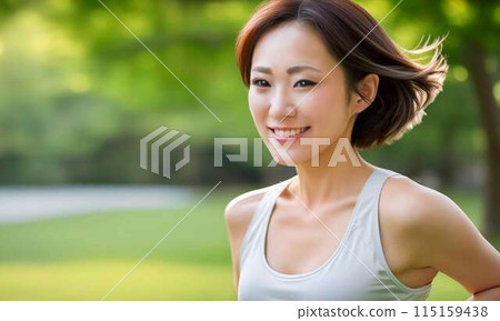 在清新的綠色公園慢跑的年輕女子 在清新的綠色公園慢跑的年輕女子 115159438