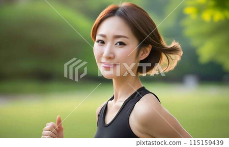 A young woman jogging in a park with fresh green leaves A young woman jogging in a park with fresh green leaves 115159439