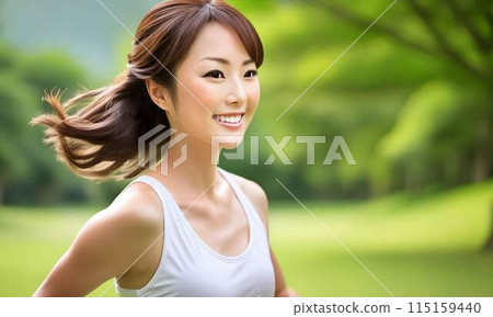A young woman jogging in a park with fresh green leaves 115159440