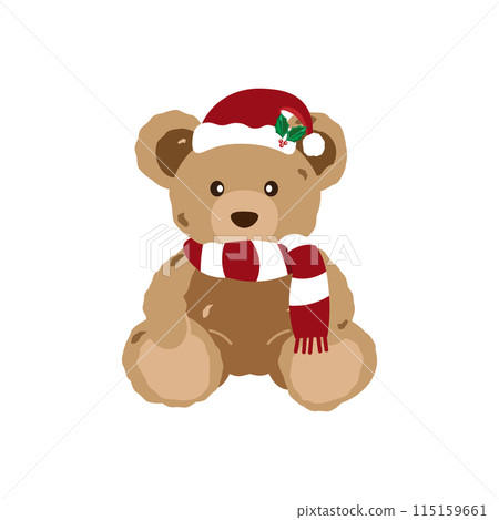 戴著圍巾和聖誕老人帽子的泰迪熊的插圖 115159661